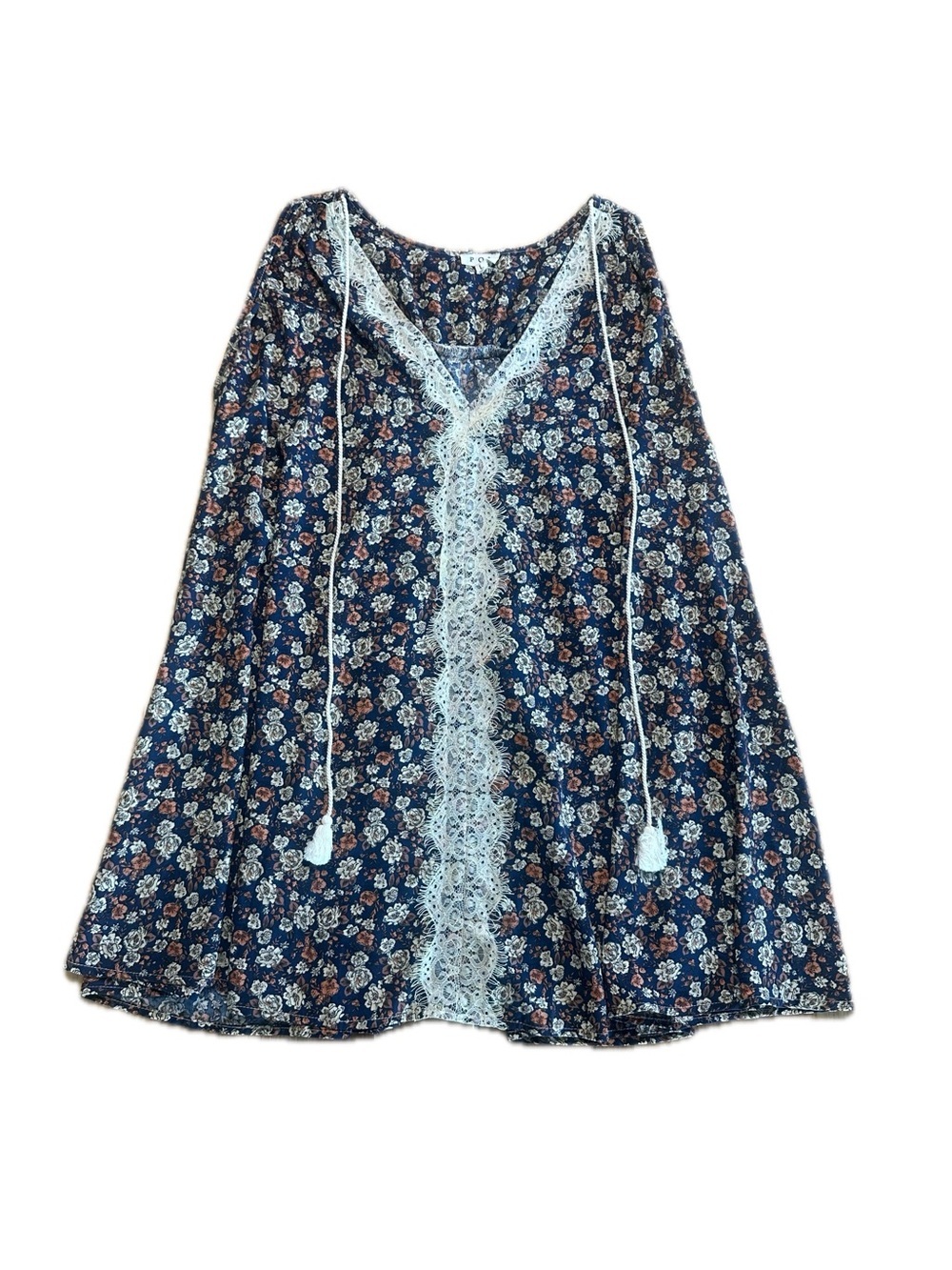 POL Sleeveless Split Back Tunic Women's L V-Neck Embroidered Tassel Blue Floral